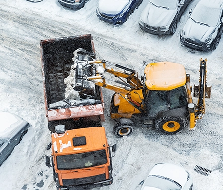 A yellow excavator loads snow into an orange dump truck in a snow covered, car-lined parking lot.
